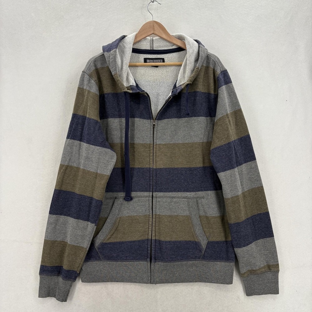 Knickerbocker NYC Hoodie Mens Large Gray Striped Full Zip Fleece Sweatshirt
